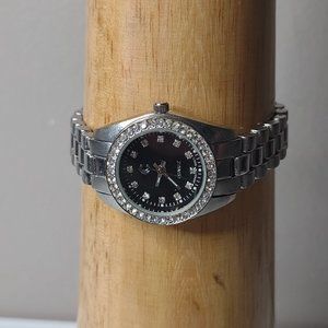 Black And Silver Tone Charming Charlie Watch With Clear Stones